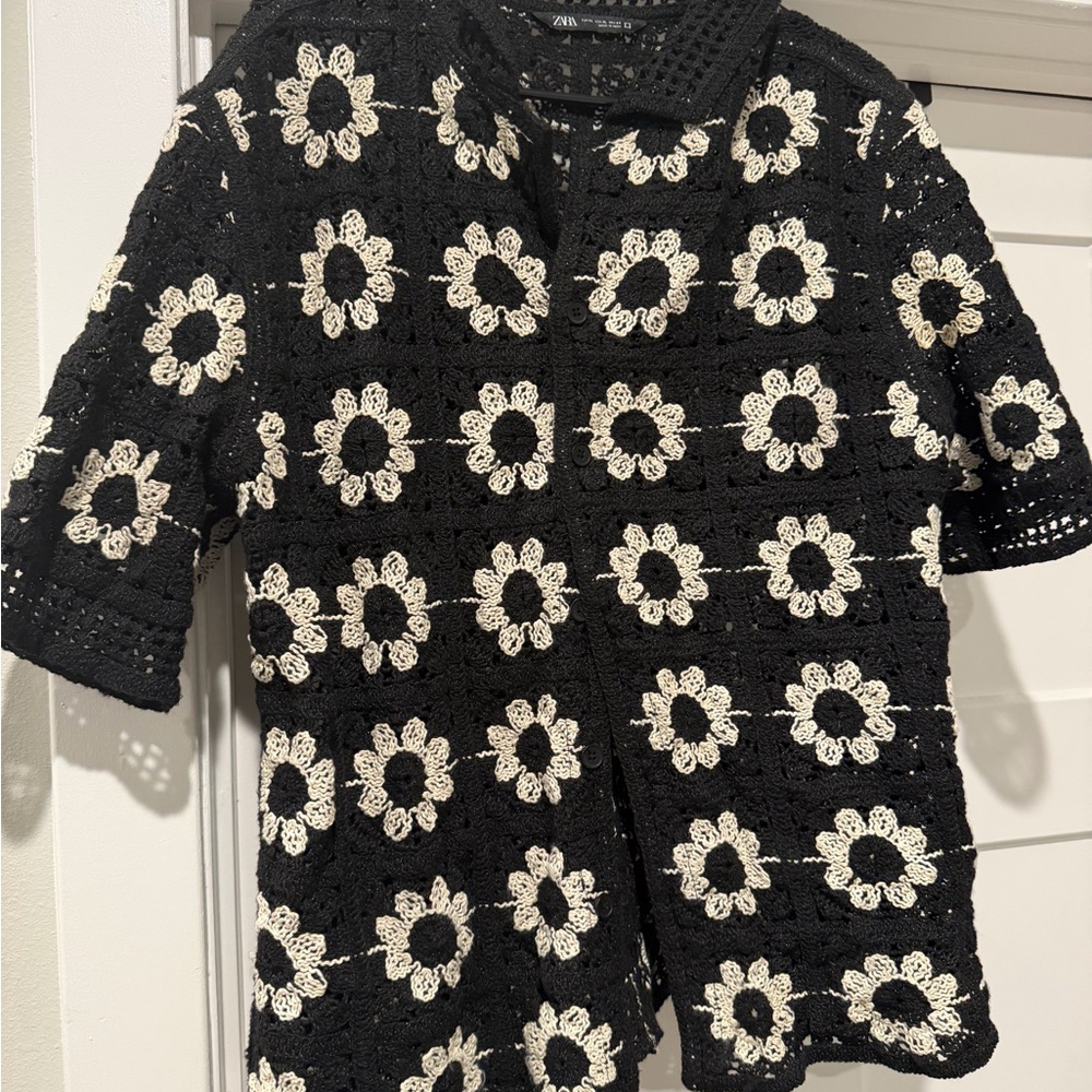 Black and White Crochet Floral Cardigan